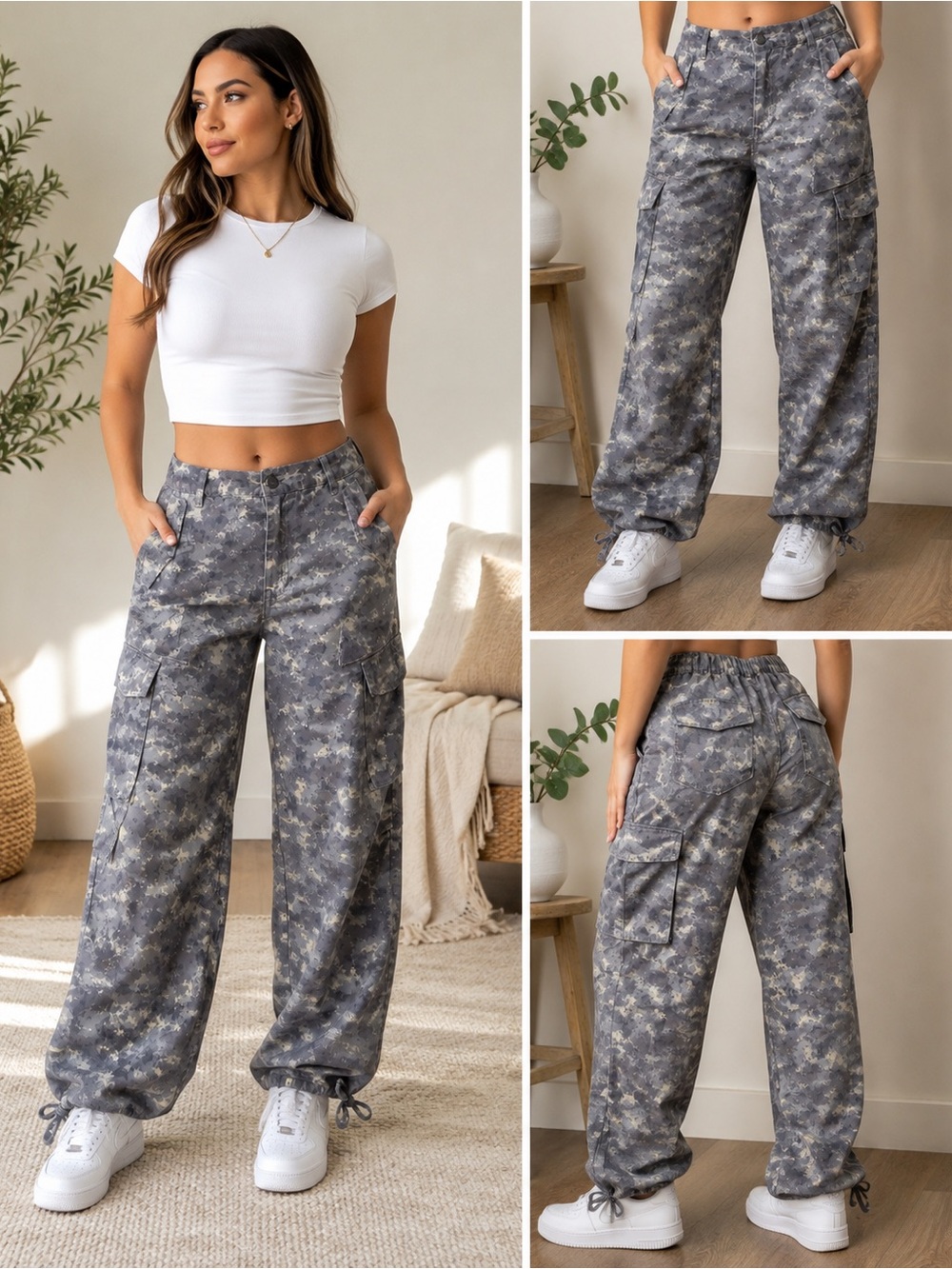 Women's Gray Camo Cargo Jogger Pants